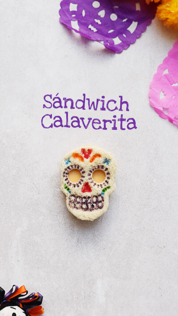 Sándwich de calaverita inspirado en la catrina con detalles decorativos comestibles